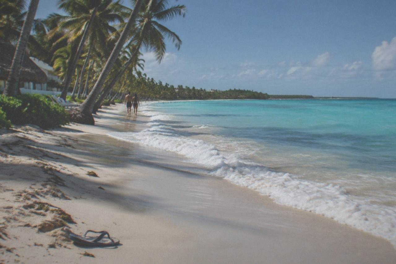 Turquoise water and palm-lined white sand beach along the Punta Cana coast