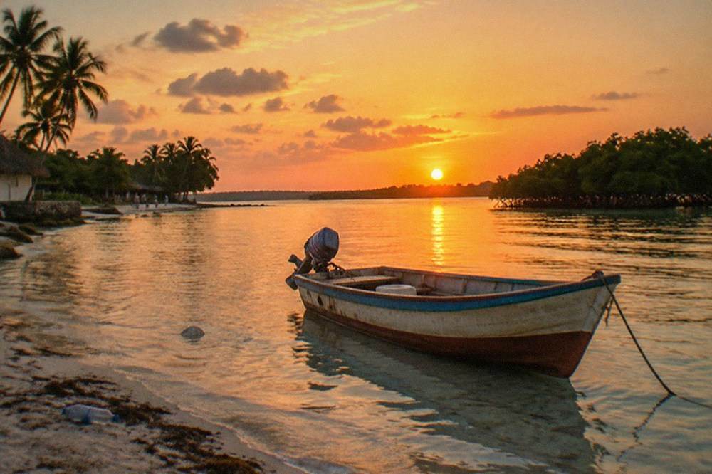 Small wooden boat resting in shallow clear water near a sandbar at sunset