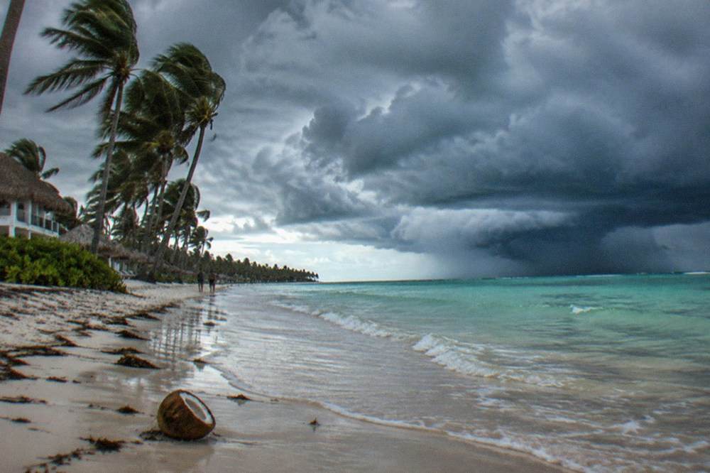 Dark storm clouds gathering over a calm Caribbean sea near a coastal palm grove